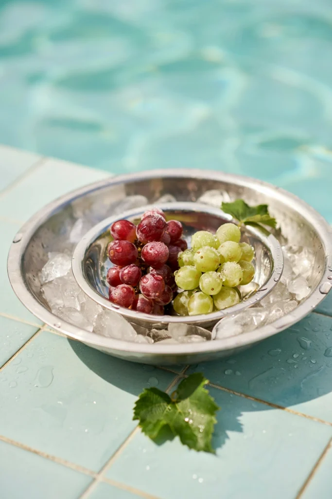 Frozen red and green grape clusters piled in a metal bowl set into a bowl of ice