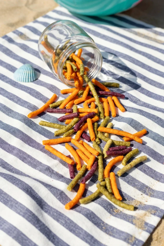 Pastel orange, green, and purple veggie straws spilling from a tipped mason jar