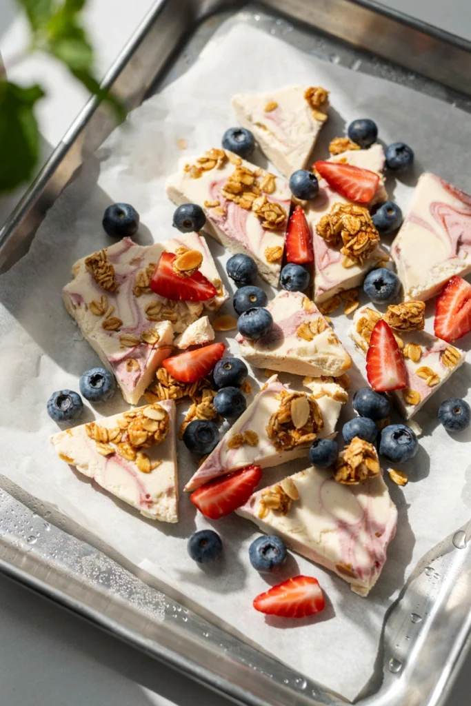 Frozen yogurt bark studded with strawberries and granola, broken into shards on parchment paper