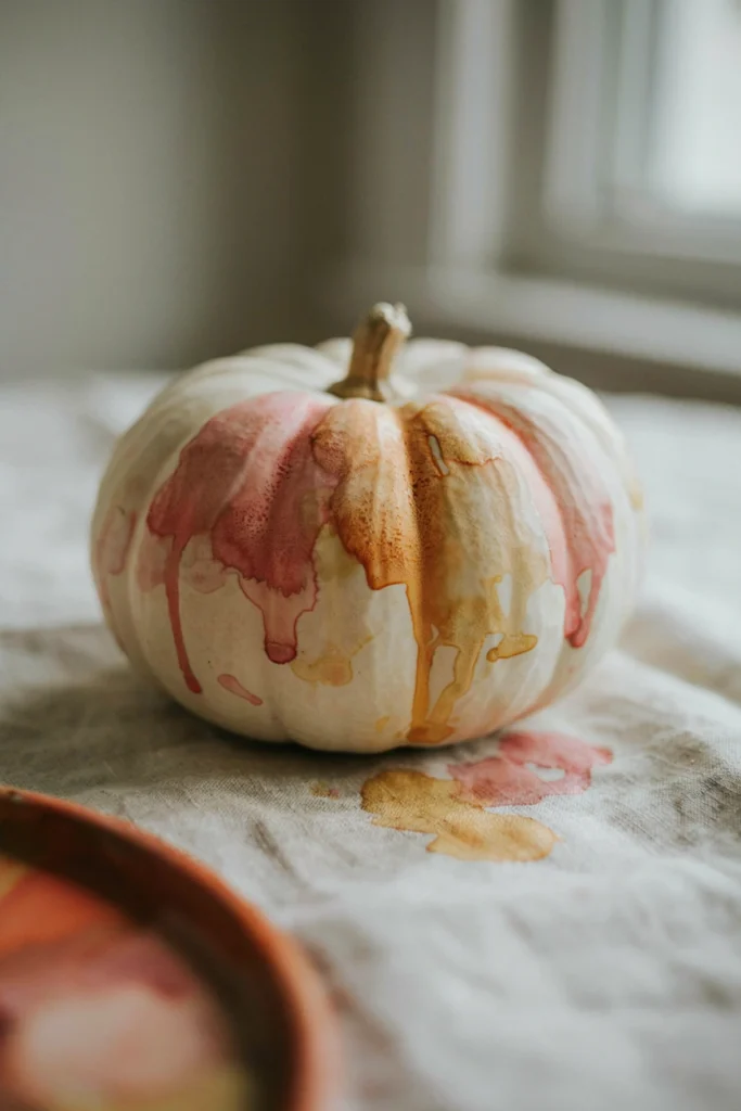 White pumpkin with soft blended pink, orange, and yellow watercolor washes