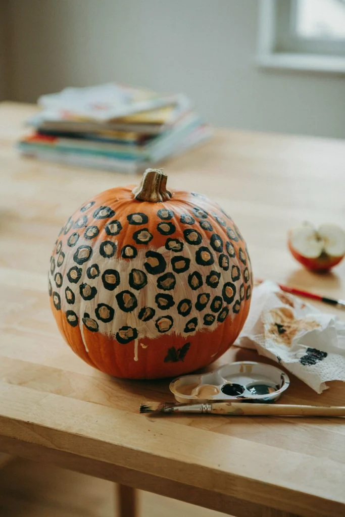 Pumpkin painted with a leopard-print pattern in tan, black, and cream