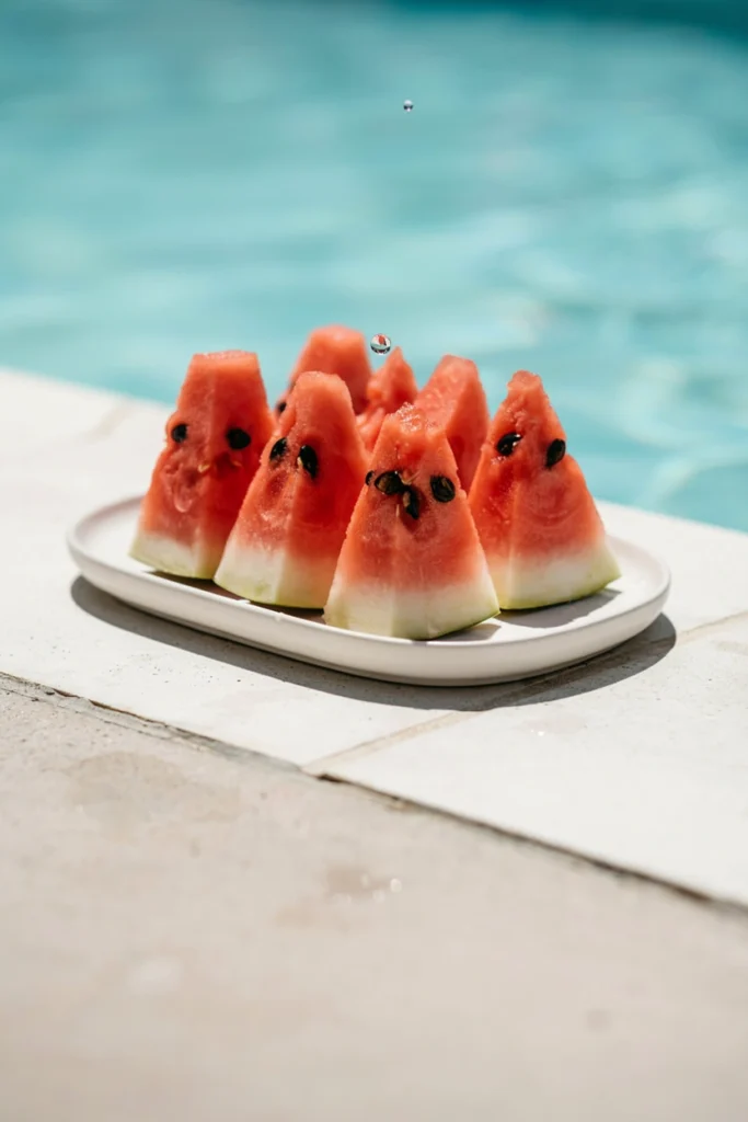 Red watermelon wedges skewered on wooden sticks and arranged fan-style in a shallow tray