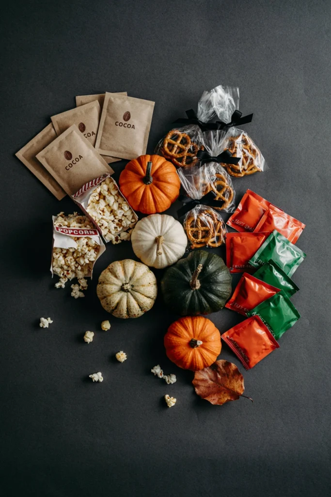 Flat-lay of non-candy treat options: mini pretzel bags, hot chocolate packets, popcorn, and fruit snacks arranged on a dark background with a few small pumpkins