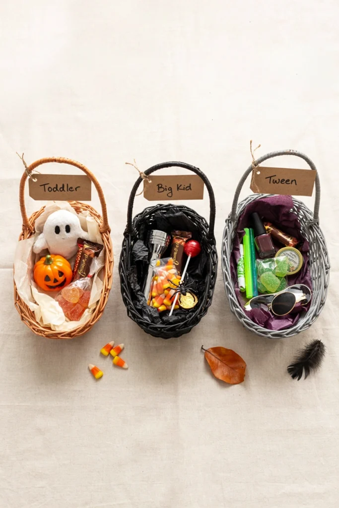 Three small boo baskets lined up side by side, each styled for a different age group, with a simple label above each: "Toddler," "Big Kid," "Tween."