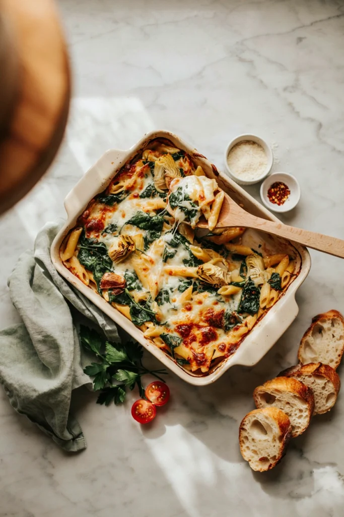 Spinach artichoke pasta casserole with melted Parmesan and mozzarella cheese