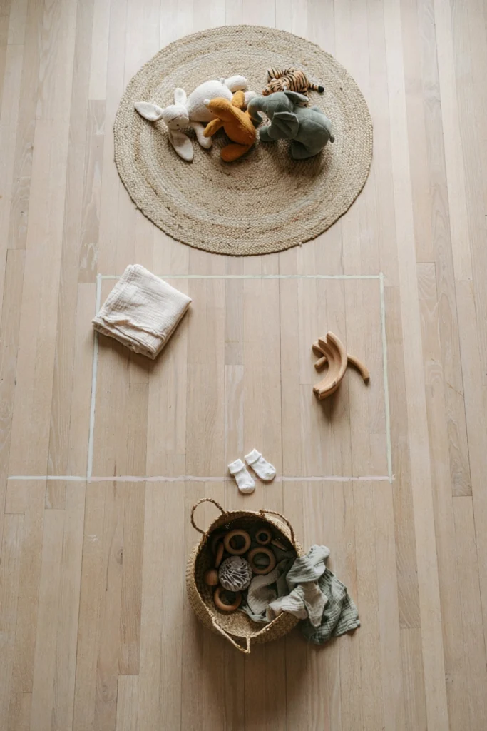 Overhead view of a baby play area organized into soft toy, crawling, and sensory zones