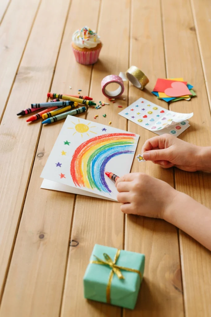 Older sibling's hand writing a short colorful birthday note with crayons scattered nearby