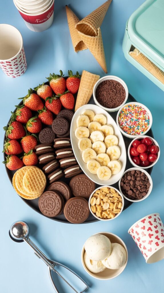 Festive holiday ice cream sundae station with bowls of toppings including strawberries, bananas, chocolate cookies, sprinkles, peanuts, and cherries, alongside waffle cones and scoops of vanilla ice cream.