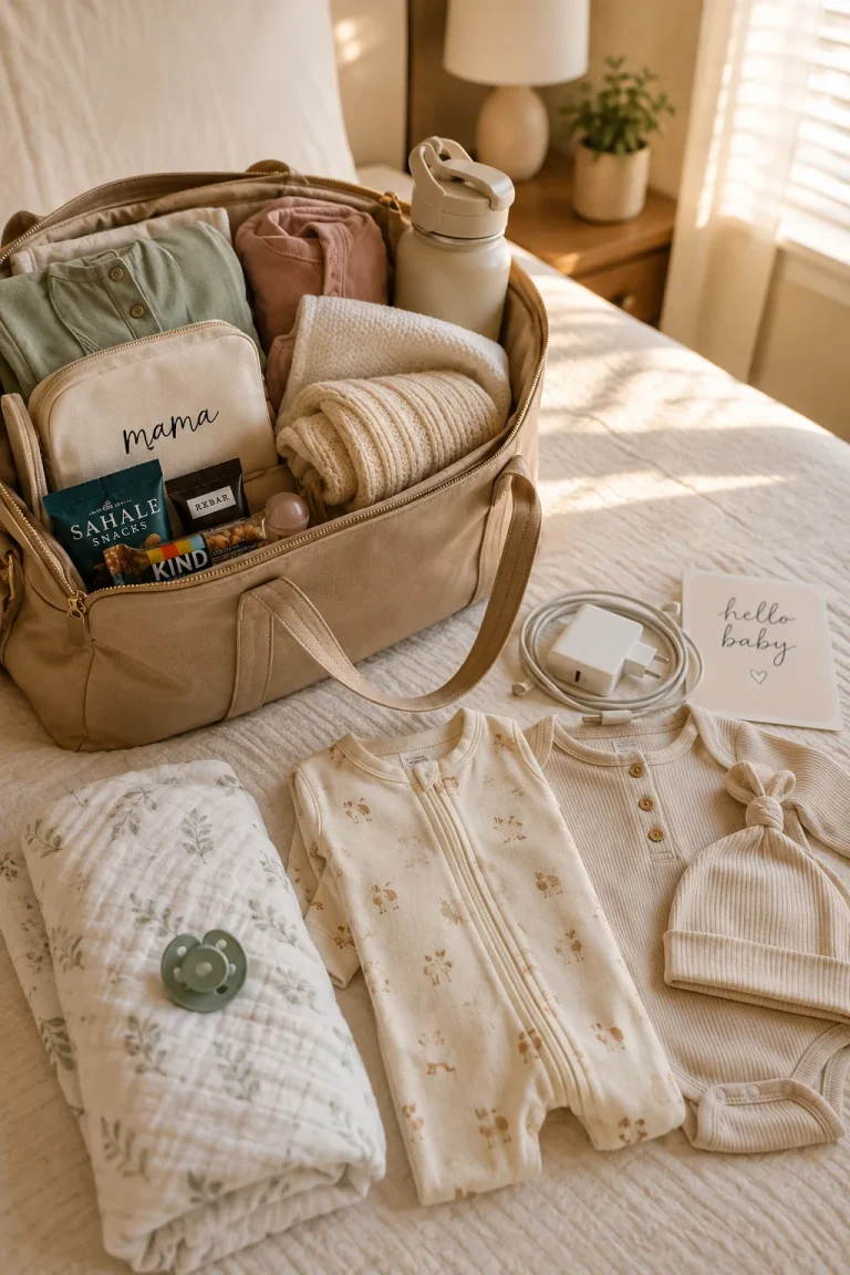 A packed hospital bag with baby clothes, a phone charger, and a going-home outfit laid out on a bed, warm natural light