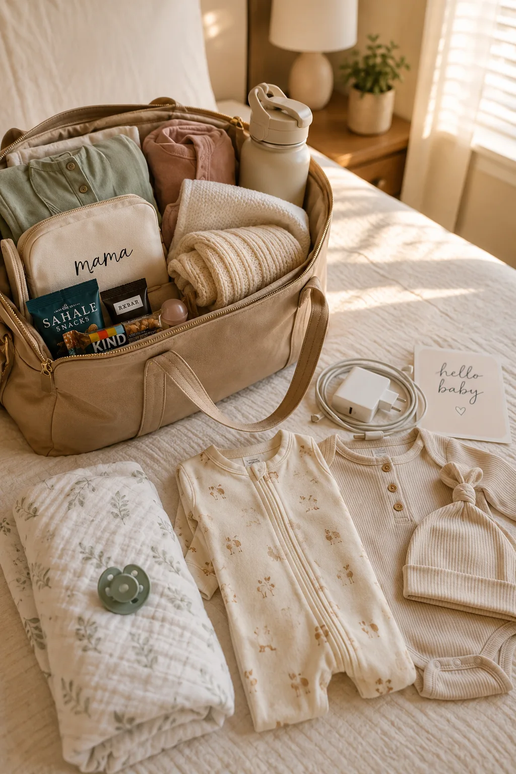 A packed hospital bag with baby clothes, a phone charger, and a going-home outfit laid out on a bed, warm natural light