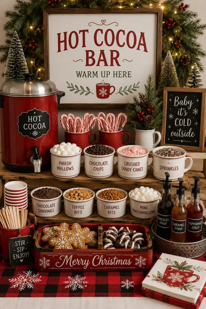 Classic red and green Christmas hot cocoa bar with mugs, marshmallows, and candy canes
