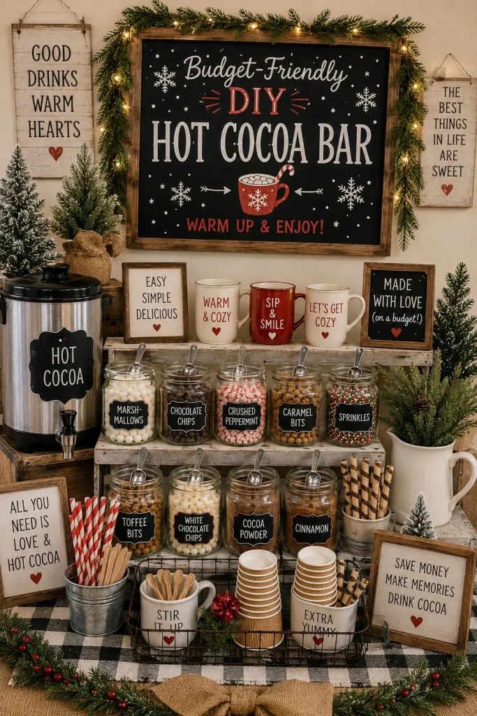 Budget-friendly DIY hot cocoa bar using mason jars and repurposed trays