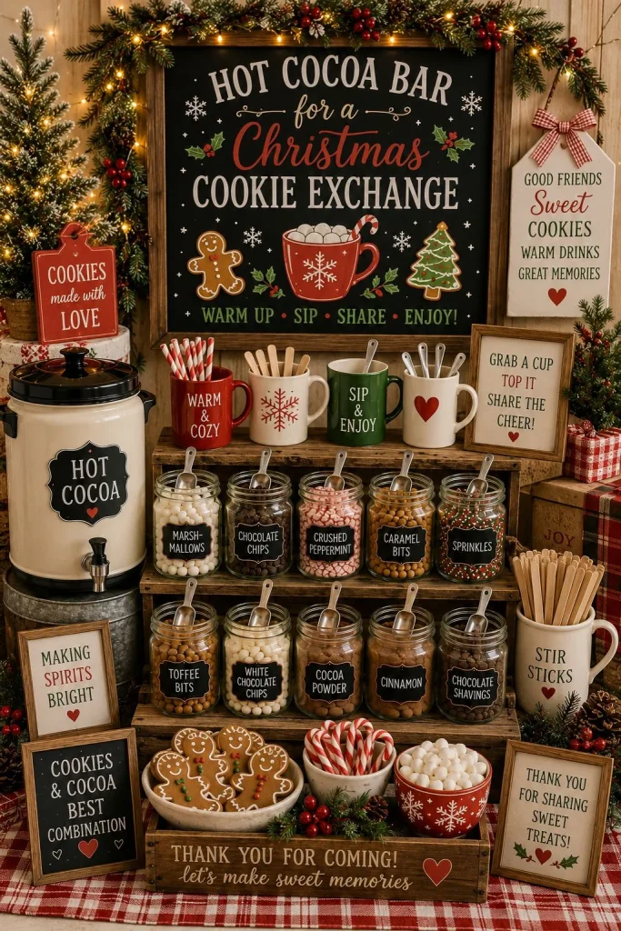 Hot cocoa bar paired with a Christmas cookie exchange spread on cake stands