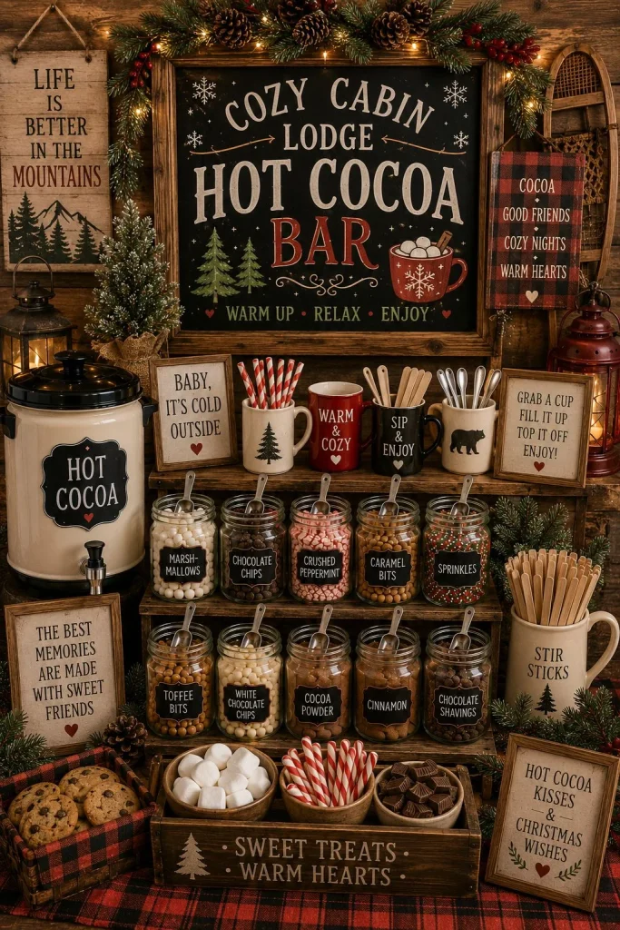 Minimalist Scandinavian hot cocoa bar with white mugs and light wood trays