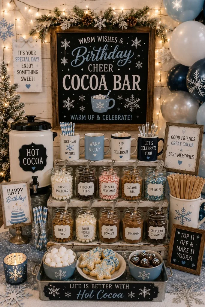Cozy cabin lodge hot cocoa bar with plaid blankets and pinecone accents