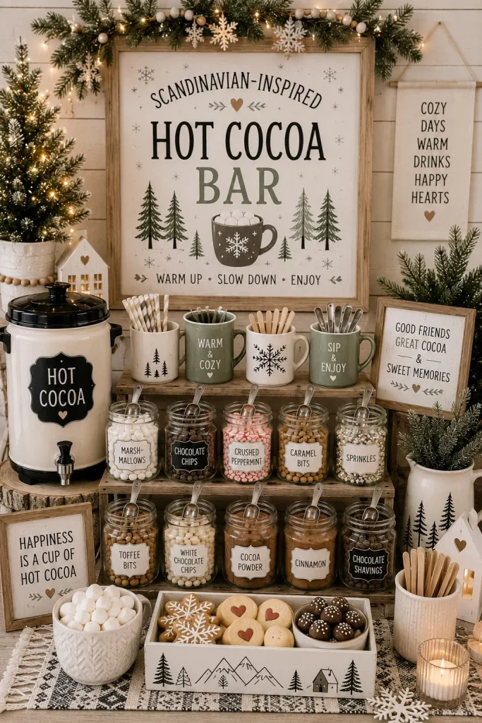 Colorful hot cocoa bar decorated for a winter birthday party