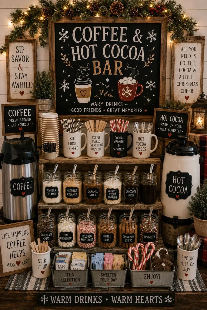 Combined coffee and hot cocoa bar with syrups and shared toppings