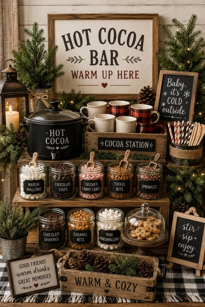 Rustic farmhouse hot cocoa station with wood crates, mason jars, and cedar branches