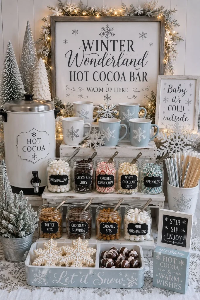 Elegant white and silver winter wonderland hot cocoa bar with snowflake décor