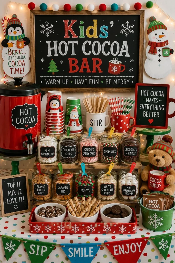 Kid-friendly hot cocoa bar with colorful marshmallows, sprinkles, and cookies
