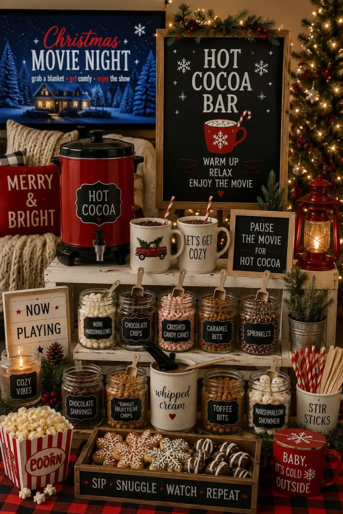 Cozy hot cocoa bar set up for a Christmas movie night with blankets and popcorn