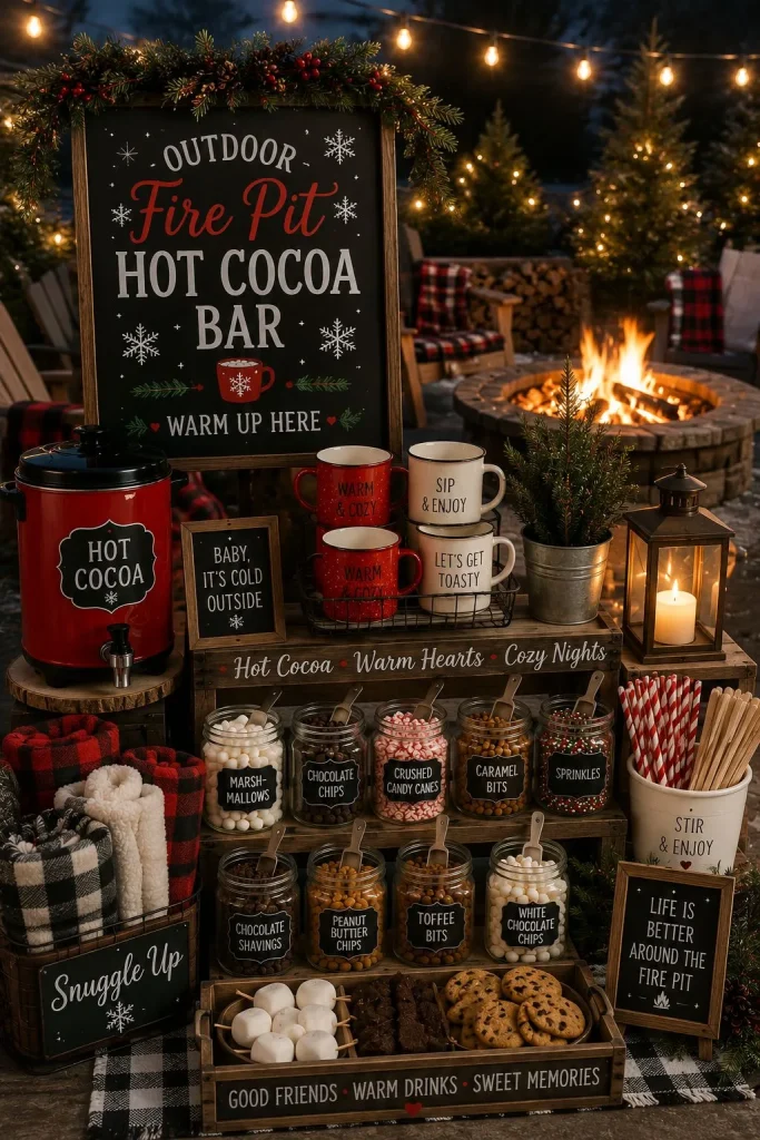 Outdoor hot cocoa bar by a fire pit with lanterns and cozy blankets