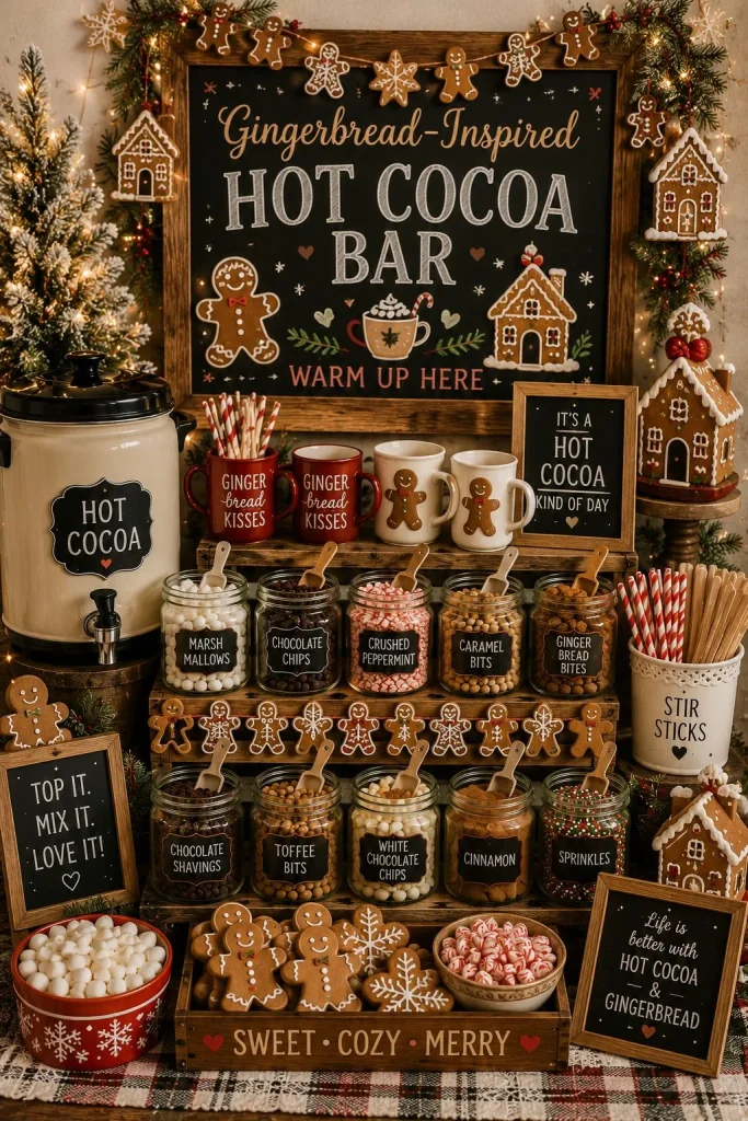 Gingerbread-themed hot cocoa bar with cinnamon sticks and mini gingerbread houses