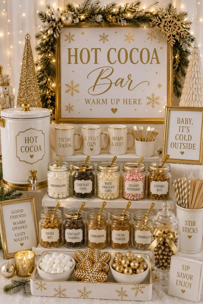 Elegant gold and white hot cocoa bar with eucalyptus and candles
