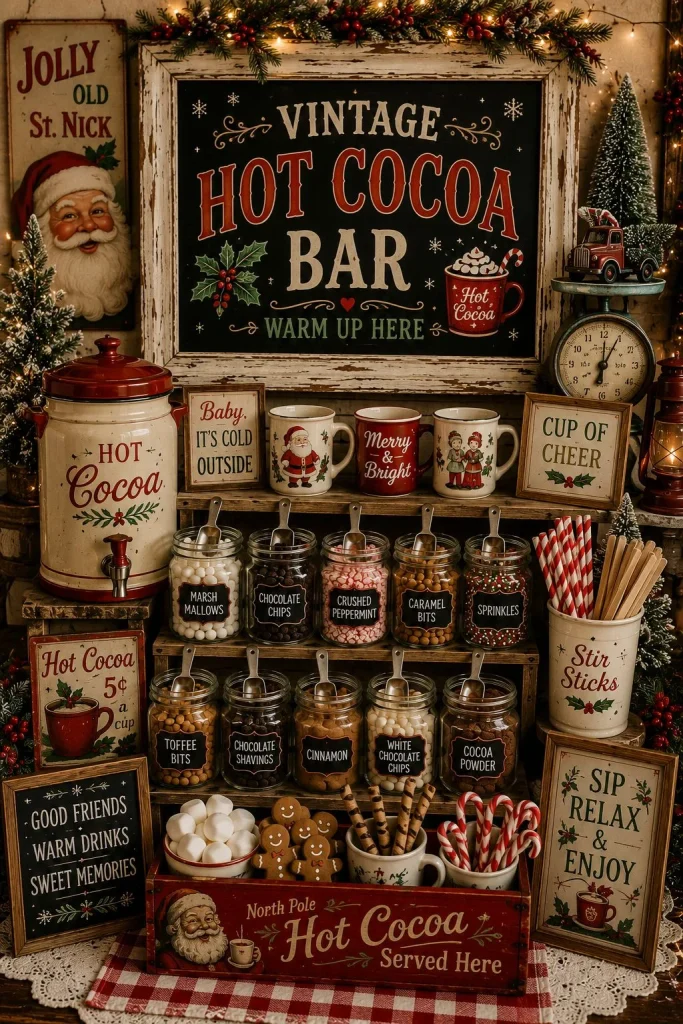 Vintage-style Christmas hot cocoa bar with antique mugs and bottle brush trees
