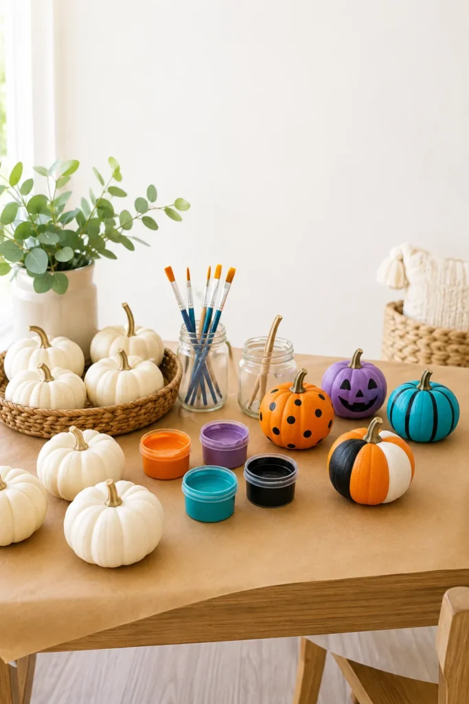 Pumpkin painting station with white pumpkins and paint pots for kids party