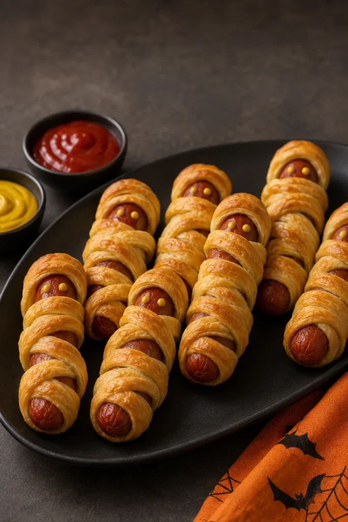 Mummy hot dogs Halloween party food wrapped in crescent dough
