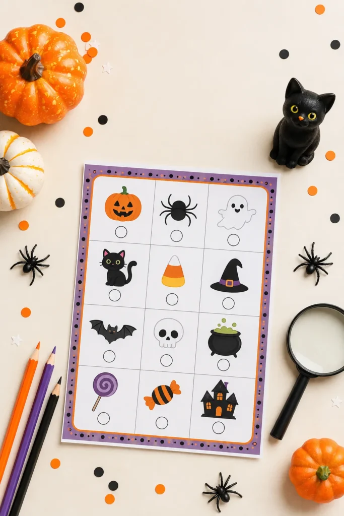 Halloween scavenger hunt checklist with plastic spiders and mini pumpkins