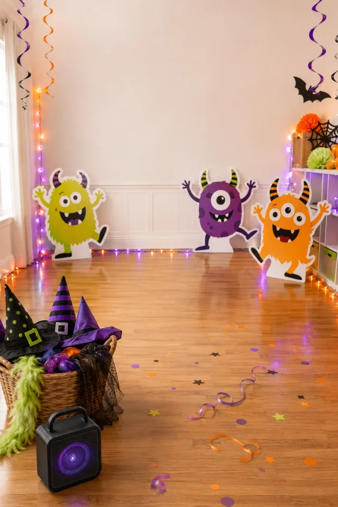 Kids in Halloween costumes playing freeze dance game under string lights