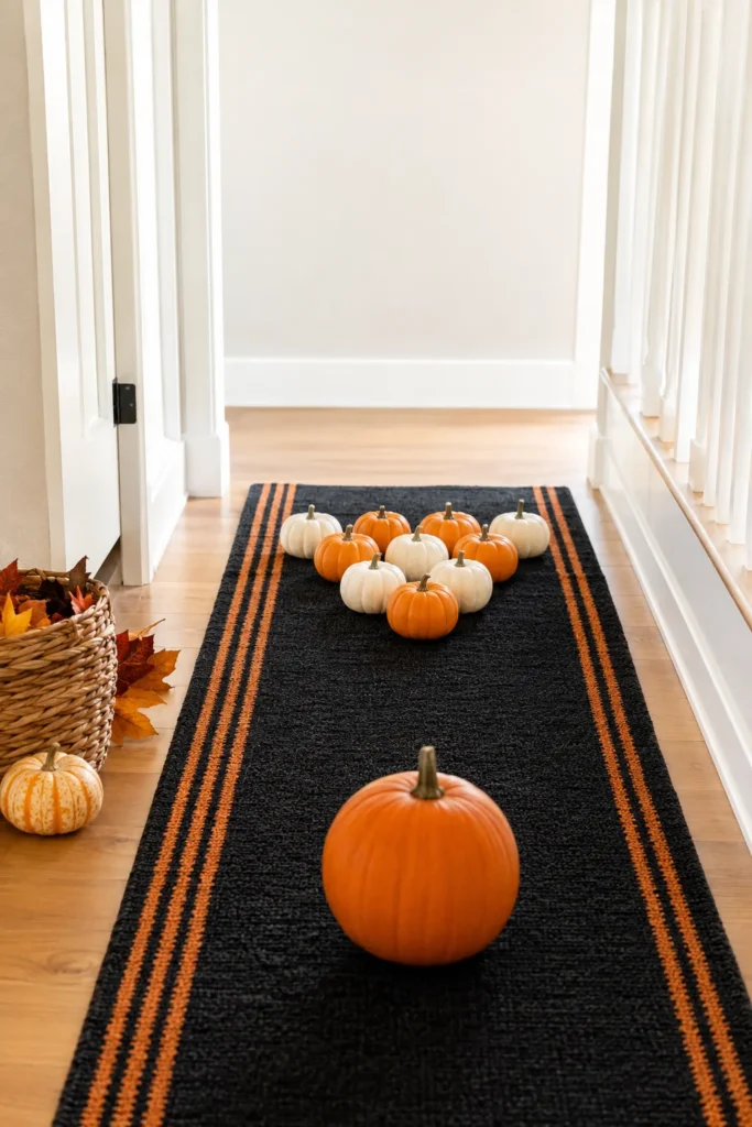 Pumpkin bowling game with mini pumpkins set up as pins for kids Halloween party