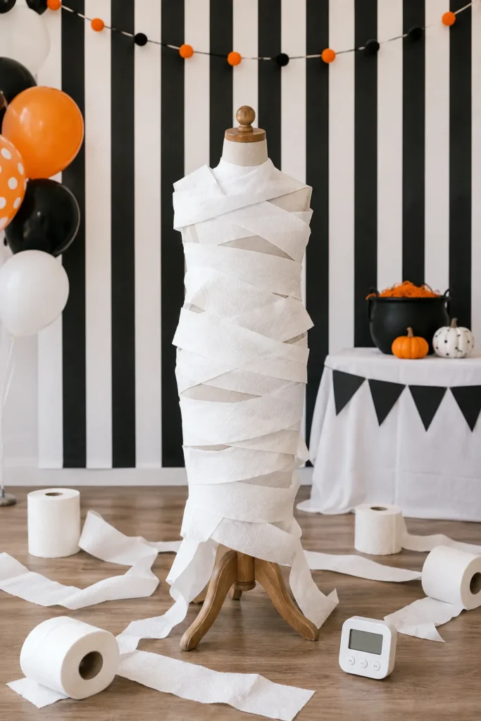 Kids playing mummy wrap relay game with toilet paper at Halloween party