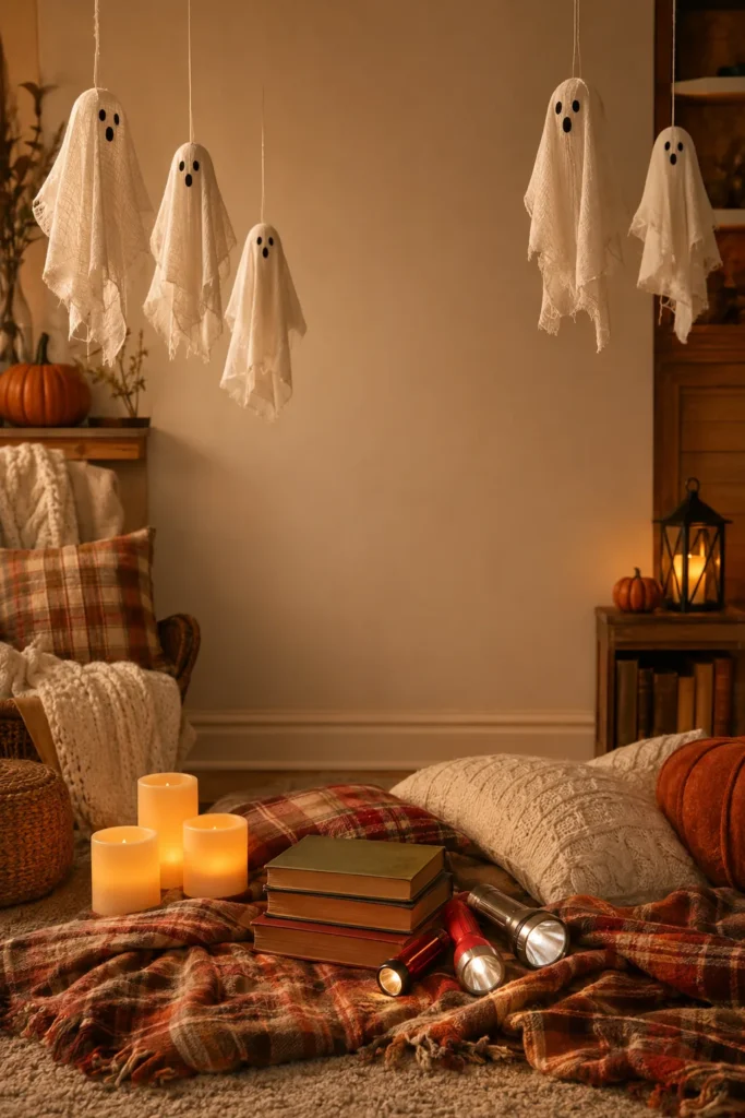 Cozy ghost story themed Halloween party with hanging muslin ghosts and flashlights