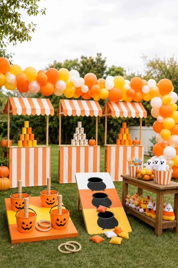 Candy corn carnival Halloween party with striped decor and game booths
