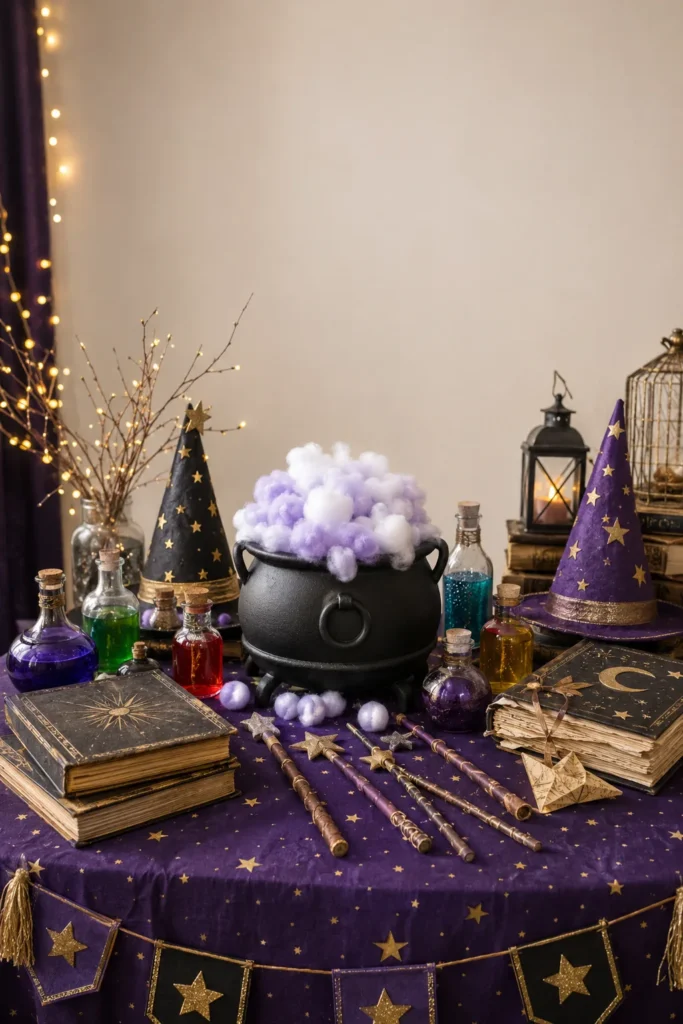 Witches and wizards academy Halloween party with cauldron centerpiece and potion bottles