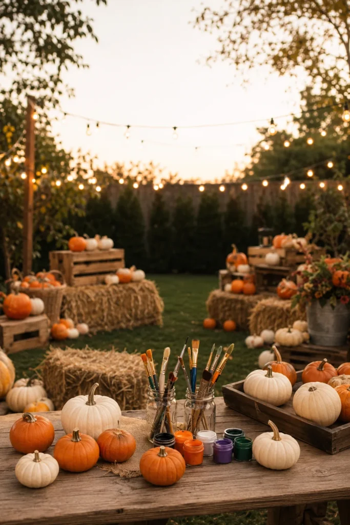 Backyard pumpkin patch themed Halloween party with hay bales and mini pumpkins