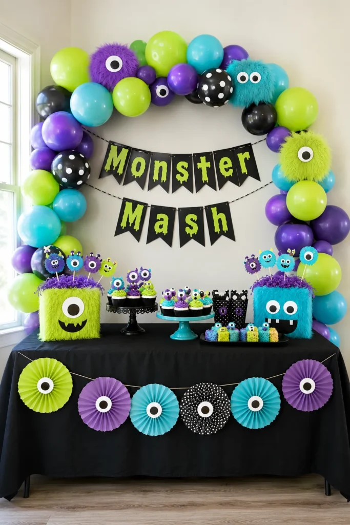 Friendly monster mash Halloween party table with googly-eyed decorations