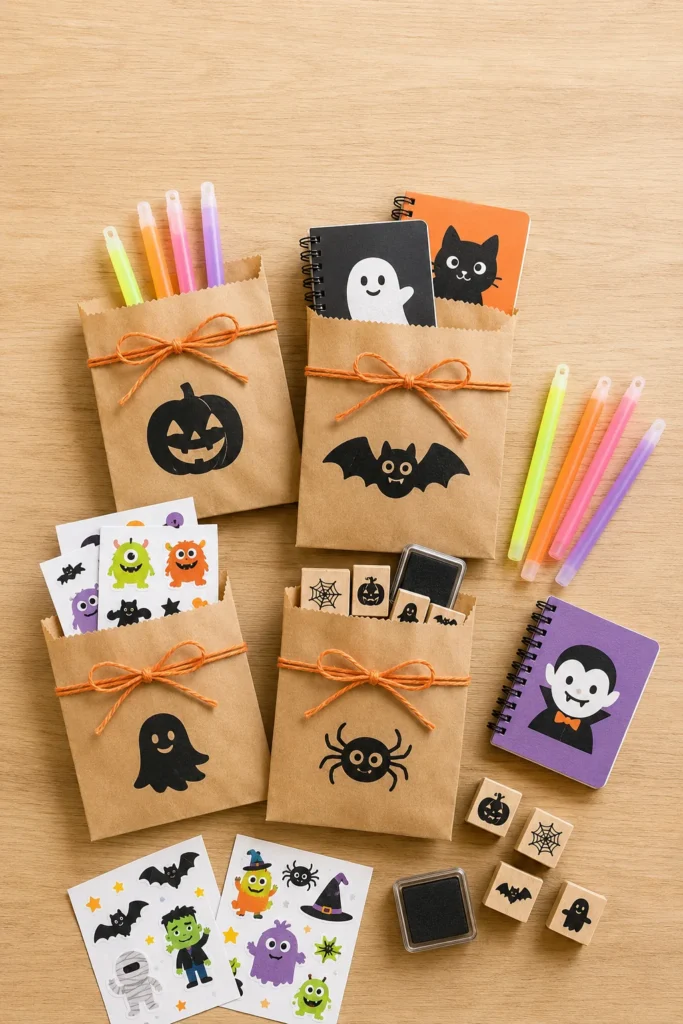 Non-candy Halloween favor bags with mini notebooks and glow sticks