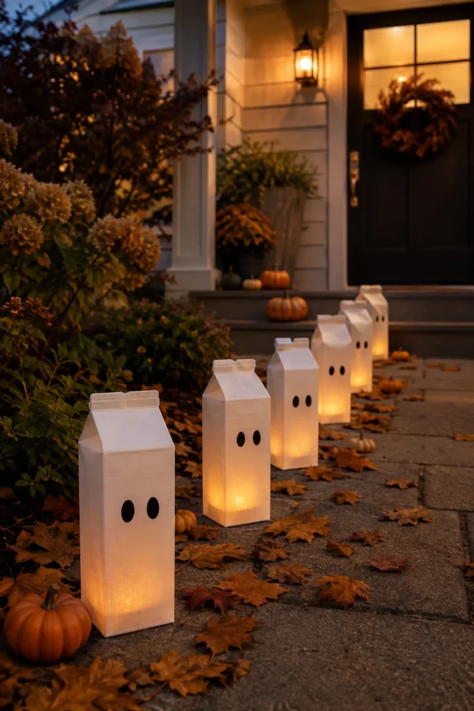 Milk carton ghost luminaries lining a walkway for Halloween party