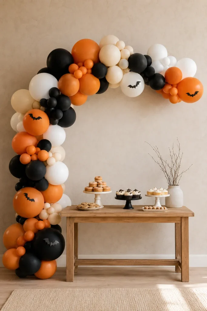 Orange, black, and white balloon garland arch for kids Halloween party