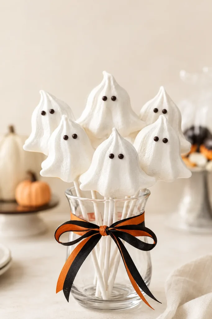 Ghost meringue pops with chocolate chip eyes on skewers