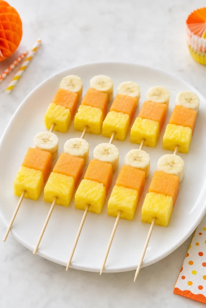 Candy corn fruit skewers with pineapple, cantaloupe, and banana