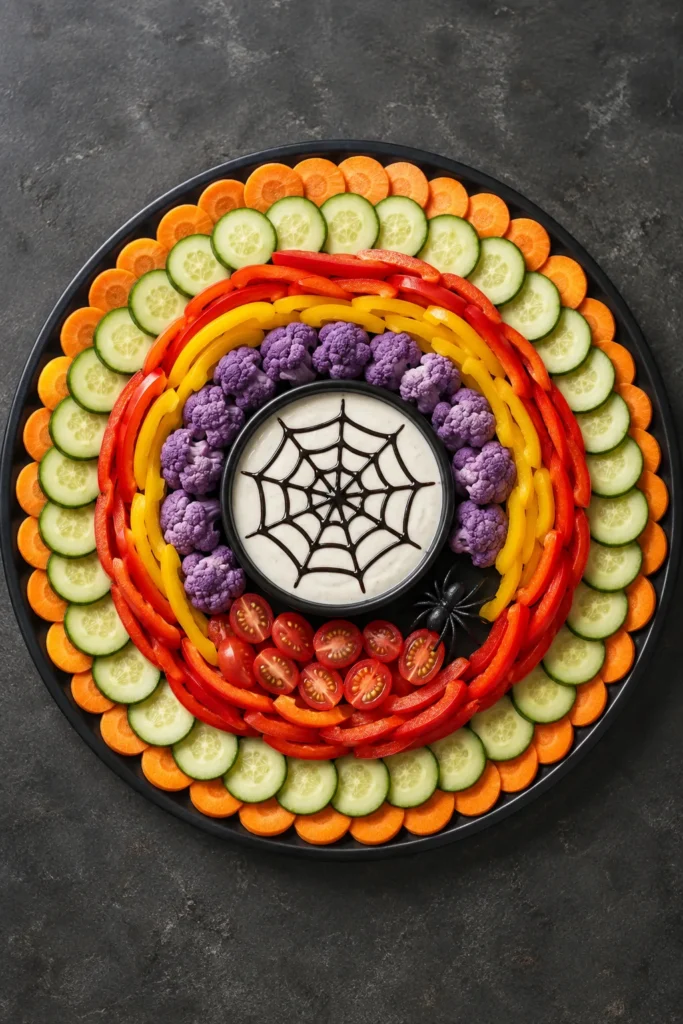 Spider web veggie tray with ranch dip design for Halloween party