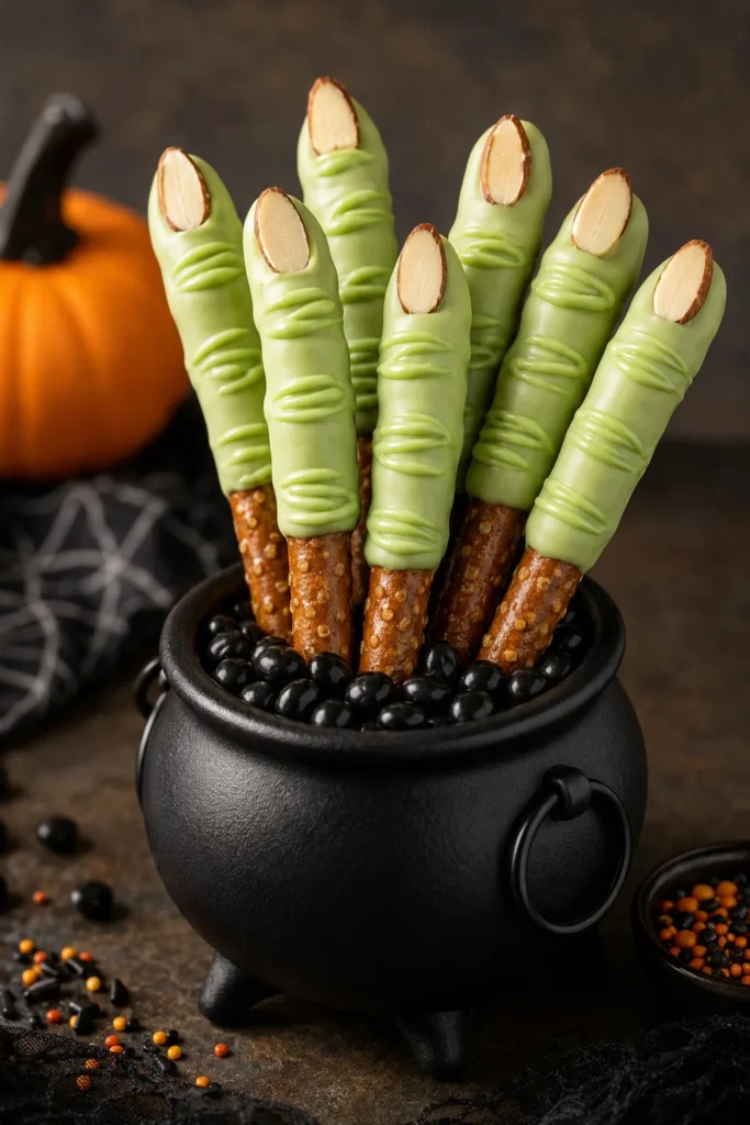 Witches finger pretzel rods dipped in green candy melts with almond nails