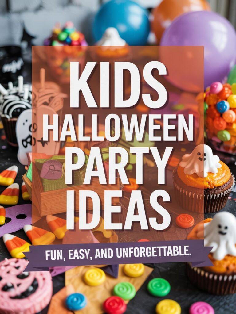 Colorful Halloween desserts and candy spread on a party table with cupcakes, balloons, and festive decorations.