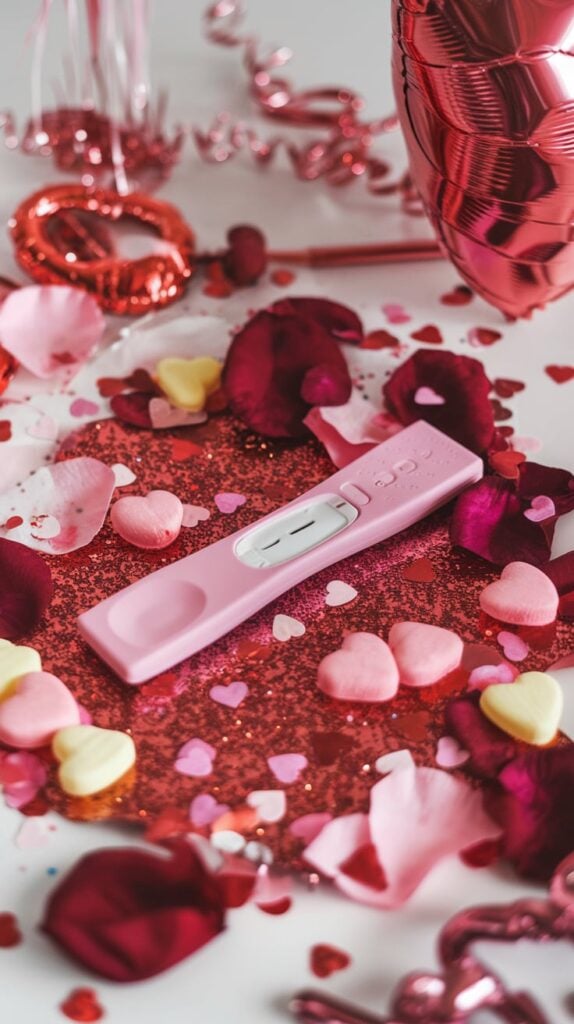 Creative valentines baby announcement card with baby socks and confetti