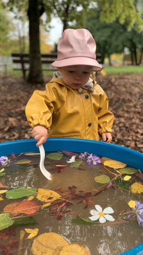  A water table with a collection of gathered natural materials — flower petals, leaves, small rocks, a dandelion — floating in gently tinted water, a toddler stirring with a large stick like a tiny witch brewing something important